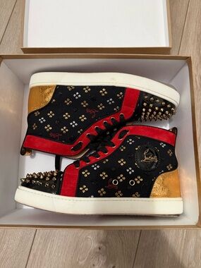 Christian Louboutin Black Red Gold Studded High-Top Sneakers